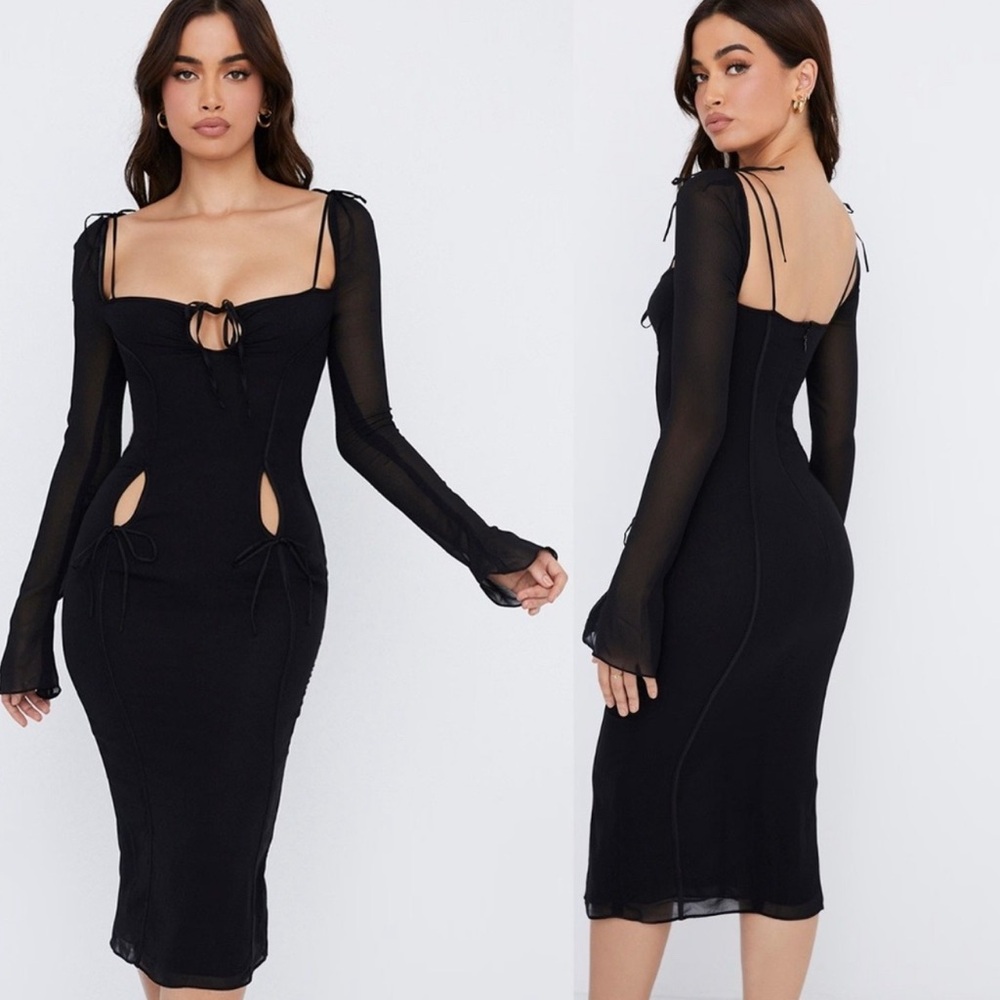 House of CB | Ophelia Mesh Cutout Midi Dress in Black Size Small with Plus Cup